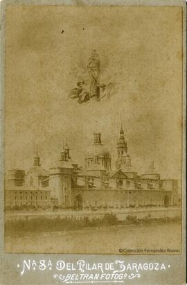 Zaragoza, Basílica del Pilar desde el río Ebro con la virgen sobrevolando el templo. Beltrán.