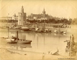 Sevilla, Torre del oro junto al río Guadalquivir y Catedral al fondo. Léon et Lévy.