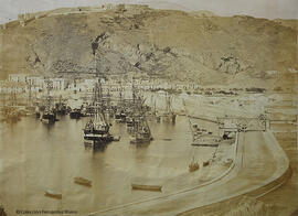 Málaga, muelle viejo y castillo de Gibralfaro. Autor desconocido.
