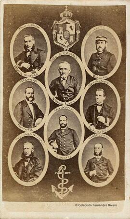 Madrid, montaje de medallones con los retratos de algunos oficiales de la marina española y nombres de sus barcos. M. Fernando y Anais Napoleon.