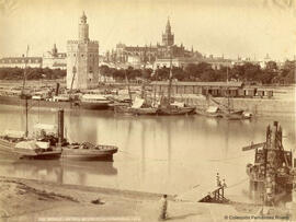 Sevilla, Torre del oro junto al río Guadalquivir y Catedral al fondo. Léon et Lévy.