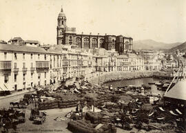 Málaga, puerto, Cortina del Muelle y catedral. Autor desconocido.