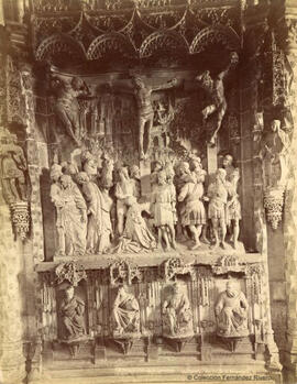 Burgos, Catedral, trasaltar, relieve de "La Pasión" de Felipe de Vigarny, los tres crucificados. Léon et Lévy.