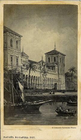 Sevilla, reproducción de un grabado con el palacio de San Telmo, fachada al embarcadero en el Guadalquivir. Rafael Rocafull.