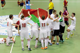 Partido España contra Bielorrusia. 14º Campeonato del Mundo Universitario de Fútbol Sala 2014 (FUTSAL). Antequera. Julio de 2014