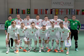 Jugadores de Bielorrusia. Partido Bielorrusia contra Azerbaiyán. 14º Campeonato del Mundo Universitario de Fútbol Sala 2014 (FUTSAL). Antequera. Julio de 2014