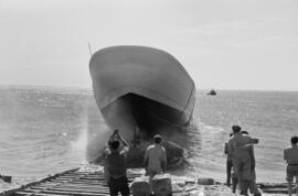 Málaga. Bendición y botadura del casco del buque pesquero Torcal. Marzo de 1963