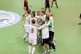 Partido España contra Bielorrusia. 14º Campeonato del Mundo Universitario de Fútbol Sala 2014 (FUTSAL). Antequera. Julio de 2014