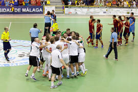 Partido España contra Bielorrusia. 14º Campeonato del Mundo Universitario de Fútbol Sala 2014 (FUTSAL). Antequera. Julio de 2014