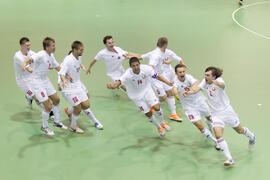 Partido España contra Bielorrusia. 14º Campeonato del Mundo Universitario de Fútbol Sala 2014 (FUTSAL). Antequera. Julio de 2014
