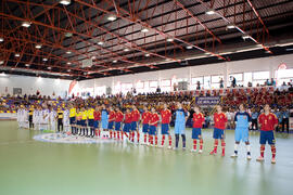 Jugadores de España y Eslovaquia. Partido España contra Eslovaquia. 14º Campeonato del Mundo Universitario de Fútbol Sala 2014 (FUTSAL). Antequera. Julio de 2014