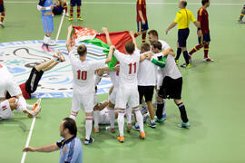 Partido España contra Bielorrusia. 14º Campeonato del Mundo Universitario de Fútbol Sala 2014 (FUTSAL). Antequera. Julio de 2014