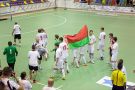 Saludo final. Partido España contra Bielorrusia. 14º Campeonato del Mundo Universitario de Fútbol Sala 2014 (FUTSAL). Antequera. Julio de 2014