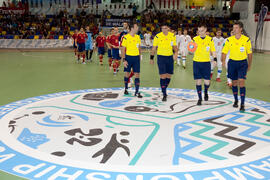 Salto a pista de los equipos. Partido España contra República Checa. 14º Campeonato del Mundo Universitario de Fútbol Sala 2014 (FUTSAL). Antequera. Julio de 2014