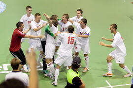 Partido España contra Bielorrusia. 14º Campeonato del Mundo Universitario de Fútbol Sala 2014 (FUTSAL). Antequera. Julio de 2014
