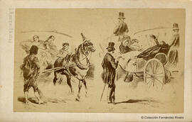 España, reproducción de un dibujo con carruajes y viandantes. L. Rovira.