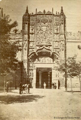 Valladolid, Portada de la Iglesia de San Gregorio con varios personajes y árboles en el entorno. Auguste Muriel.