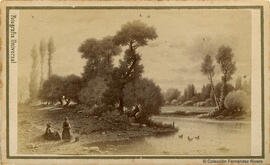 Francia, reproducción de una pintura de Paul de Saint-Martin: paisaje junto a un río, árboles, patos y dos mujeres. Rovira y Durán