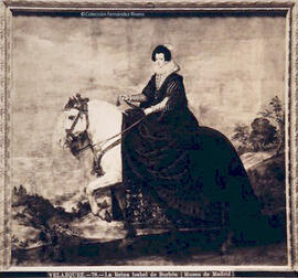 Madrid, reproducción del óleo de Velázquez: La reina Isabel de Borbón a caballo. J. Laurent.