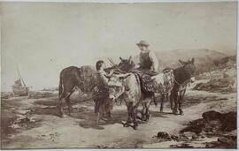 Reproducción cuadro de William Henry Hopkins de ambiente rural con dos niños y tres burros. Autor desconocido.