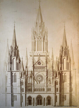 Dibujo de la sección frontal del proyecto del Marqués de Cubas para la catedral de Santa María la Real de la Almudena de Madrid.