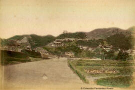 Japón, paisaje con viviendas tradicionales en un lugar desconocido. Fotógrafo desconocido