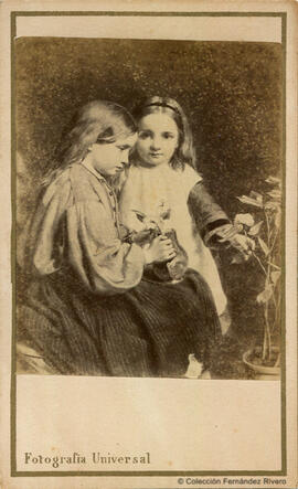 Francia, reproducción de una pintura de autor desconocido: Niñas y florero. Rovira y Durán
