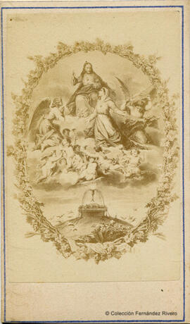 España, reproducción de un dibujo de  Jesús y María con los Sagrados Corazones y rodeados de ángeles. Fotógrafo desconocido.