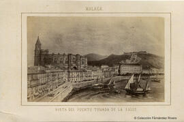 Málaga, reproducción de la litografía de Isidoro Laurent Deroy: Málaga, el Puerto y la Cortina del Muelle con la Catedral y Gibralfaro. Fotógrafo desconocido