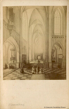 Madrid, reproducción de una litografía Interior de una iglesia gótica (Museo del Prado).  J. Laurent.