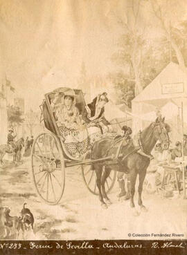 Sevilla, Reproducción de un óleo de Manuel Cabral Aguado-Bejarano, titulado: "Día de feria en Sevilla". Ramón Almela.