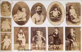 La Coruña, once retratos, niños en su mayoría y un hombre de torso desnudo, sobre una tarjeta del fotógrafo. Valentín Medía.