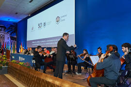 Actuación musical de la orquesta "Málaga Camerata". Entrega de la Medalla de Oro de la Universidad de Málaga la Universidad de Córdoba y a la Universidad de Sevilla. Paraninfo. Junio de 2023