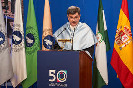Gaspar Garrote Bernal. Entrega de la Medalla de Oro de la Universidad de Málaga a la Universidad de Córdoba y a la Universidad de Sevilla. Paraninfo. Junio de 2023