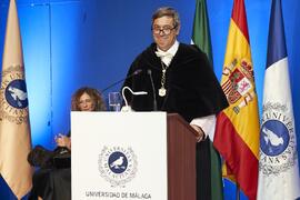 Juan Teodomiro López en la investidura de Hermanfrid Schubart, Alejandro Portes y Luis Enrique de la Villa como Doctores "Honoris Causa" por la Universidad de Málaga. Paraninfo. Octubre de 2024