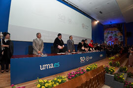 Mesa presidencial. Entrega de la Medalla de Oro de la Universidad de Málaga a la Universidad de Córdoba y a la Universidad de Sevilla. Paraninfo. Junio de 2023