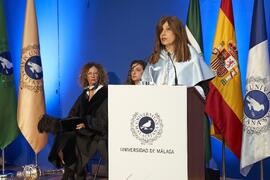 Intervención de Sara Robles. Investidura de Hermanfrid Schubart, Alejandro Portes y Luis Enrique de la Villa como Doctores "Honoris Causa" por la Universidad de Málaga. Paraninfo. Octubre de 2024
